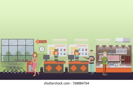 Vector illustration of grocery store interior with cashiers females and buyers males and female with paper bags. People making purchases concept. Flat style design.