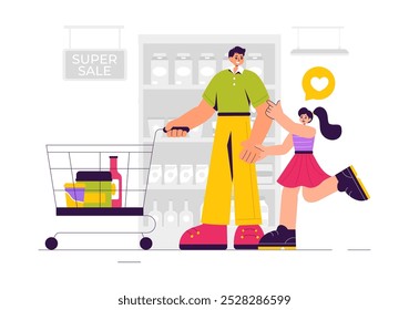 Ilustração vetorial de uma prateleira de supermercado abastecido com itens de alimentos sortidos e produtos para necessidades diárias de compras em um plano de fundo estilo