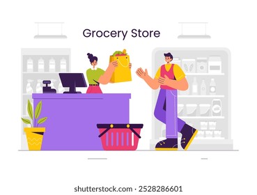 Ilustración vectorial de un estante de la tienda de comestibles abastecido con artículos de alimentos surtidos y Productos para las necesidades diarias de compras en un fondo de estilo plano