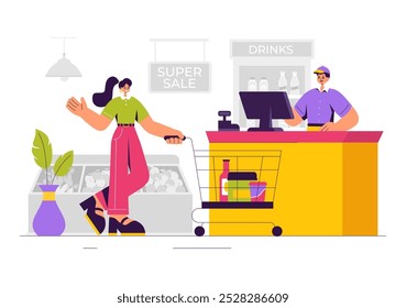 Ilustração vetorial de uma prateleira de supermercado abastecido com itens de alimentos sortidos e produtos para necessidades diárias de compras em um plano de fundo estilo