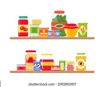 Vector illustration of grocery store shelves full of colorful and bright groceries in flat style.