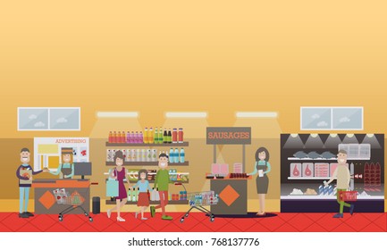 Vector illustration of grocery store or supermarket shelves, cashier, promoters advertizing products, buyers with shopping carts and baskets. People making purchases concept, flat style design.