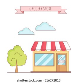 Vector illustration of grocery store with tree, sky, grass. Linear  style