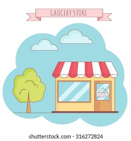 Vector illustration of grocery store with tree, sky, grass. Linear  style. Blue bubble background