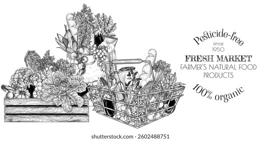 Vector illustration for a grocery store. Vegetables in a wooden box, healthy food in a paper eco bag, grocery basket in the store. Template with farm products. Banner for fresh market