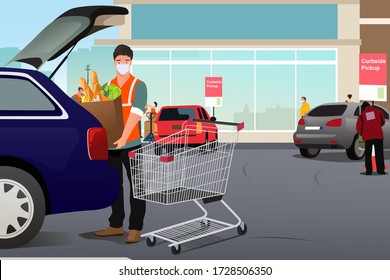 A vector illustration of Grocery Worker Putting Groceries Inside a Car at Curbside Pickup