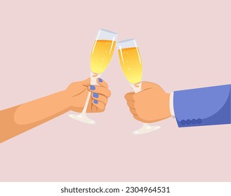 Vector illustration of groom and bride hands toasting with champagne on their wedding day. Female and male arms celebrating their love