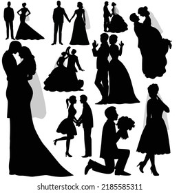 Vector illustration Of Groom and Bride wedding ceremony romantic silhouettes isolated on white background