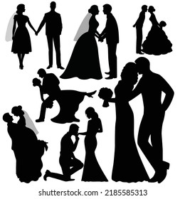 Vector illustration Of Groom and Bride wedding ceremony romantic silhouettes isolated on white background