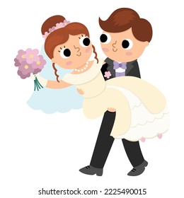 Vector illustration with groom carrying bride on his hands. Cute just married couple. Wedding ceremony icon. Cartoon marriage scene with newly married couple
