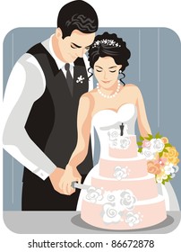 Vector illustration of a groom and his bride.
