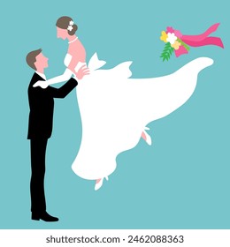 Ilustración vectorial de un novio que sostiene a su novia, un ramo volador y un dobladillo ondulante de un vestido de novia