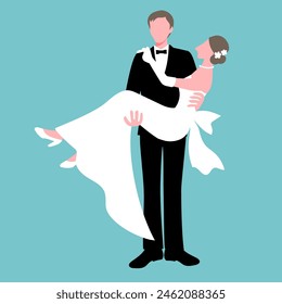 Vector illustration of a groom holding up his bride