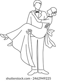 Vector illustration of a groom holding up his bride drawn with lines