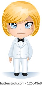 A vector illustration of a groon dressed in white suit for his wedding day.