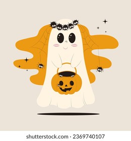 Vector illustration in groove style of a cute ghost in a wedding veil-web with dangling spiders. The ghost looks like a bride and carries a basket - pumpkin. Card or invitation Happy Halloween.