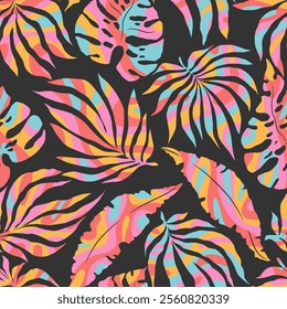 Vector illustration of groovy abstract monstera and palm leaves seamless pattern isolated on black background. Modern funky design tropical plant elements for sticker print, card