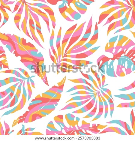 Vector illustration of groovy abstract monstera and palm leaves seamless pattern isolated on white background. Modern funky design tropical plant elements for sticker print, card