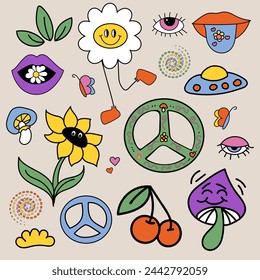 Vector illustration. Groovy hippie stickers set. Comic happy retro stickers, characters in trendy retro 60s 70s cartoon style. Collection. Concept of nostalgic vintage, art.