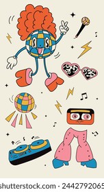 Vector illustration. Groovy hippie stickers set. Comic happy retro stickers, characters in trendy retro 60s 70s cartoon style. Collection in pastel palette. Concept of nostalgic vintage, art.