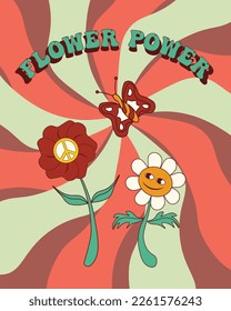Vektorgrafik in groovem, psychedelischem Retro-Stil mit tanzenden Blumen und Text Blume Power