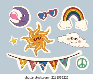 Vektorgrafik im groovy Retro-psychedelischen Stil. Satz von Symbolen oder Aufklebern mit Sonne, Mond, Wolke, Stern, Regenbogen, herzförmigen Sonnenbrillen, Garland und Pazifiksymbol