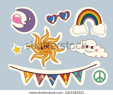 Vector illustration in groovy retro psychedelic style. Set of icons or stickers with sun, moon, cloud, star, rainbow, heart-shaped sunglasses, garland and pacifica symbol