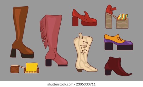 Vector illustration in groovy retro style. Various vintage 1970s style boots and sandals