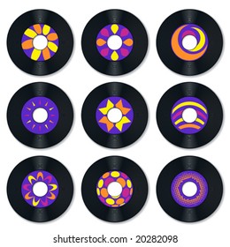 Vector illustration of groovy seven singles isolated on white