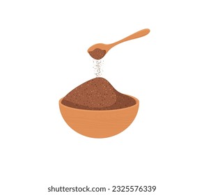 Vector illustration ground cinnamon in a wooden bowl on white background.