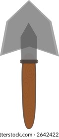 Vector illustration of ground scoop. Stylized illustration of a garden trowel. The tool features a broad, pointed metal blade, likely made of steel, with a symmetrical, angular shape.