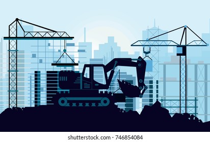 Vector illustration of ground works on construction concept. Excavator digging ground silhouette of buildings and cranes on background in flat style.