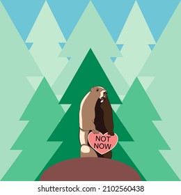 Vector illustration Groundhog Day holiday with groundhog and heart in digital in the forest flat technique 