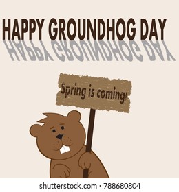 Vector illustration for Groundhog Day with a picture of a marmot with the wooden table and inscriptions Spring is coming and Happy Groundhog Day with shadow in simple cartoon style