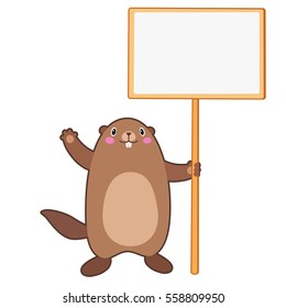 Vector illustration of groundhog holding a blank sign board with space for message. With cartoon outlines