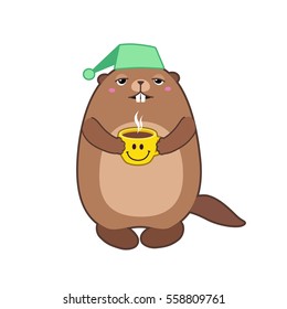 Vector illustration of groundhog holding a cup of coffee. With cartoon outlines