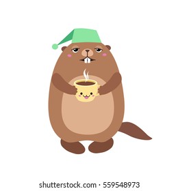 Vector illustration of groundhog holding a cup of coffee. Flat style