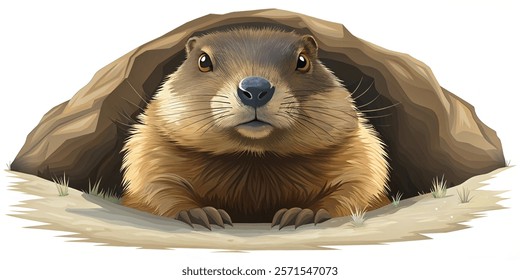 Vector illustration of groundhog looking out of his hole. Flat style with white background