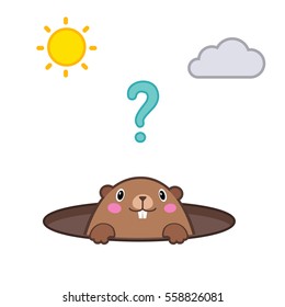 Vector illustration of groundhog looking out of his hole. With cartoon outlines