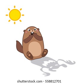 Vector illustration of groundhog saw his shadow and scared. With cartoon outlines