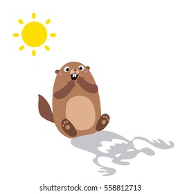 Vector illustration of groundhog saw his shadow and scared. Flat style