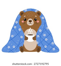 Vektorgrafik von Grundschweinen, die in einer blauen Decke mit einer Tasse heißen Kaffees oder Schokolade sitzen. Charakterdesign des Murmeltiers. Alles Gute zum Groundhog Day.