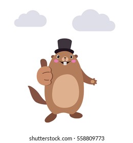 Vector illustration of groundhog showing thumbs up gesture. Flat style