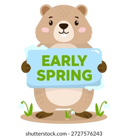 Ilustração vetorial da marmota com sinal Primavera e delicadas gotas de neve. Desenho de personagens de marmota. Feliz Dia da Marmota.