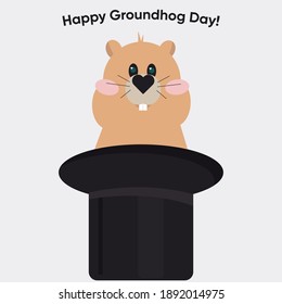 Vector illustration of groundhog sitting in cylinder. Happy Groundhog Day inscription. Cartoon style. Groundhog Day design