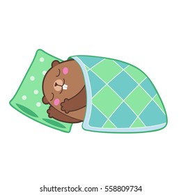 Vector illustration of groundhog sleeping under a blanket. With cartoon outlines 