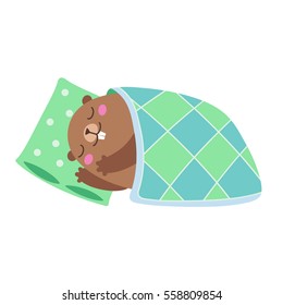 Vector illustration of groundhog sleeping under a blanket. Flat style