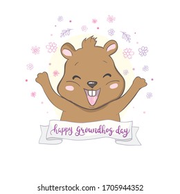 Vector illustration with groundhog and text. Happy Groundhog Day Theme.