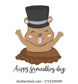 Vector illustration with groundhog and text. Happy Groundhog Day Theme.