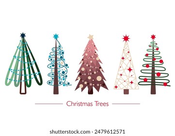 vector illustration with the group of 5 cute flat christmas trees. vectoe set